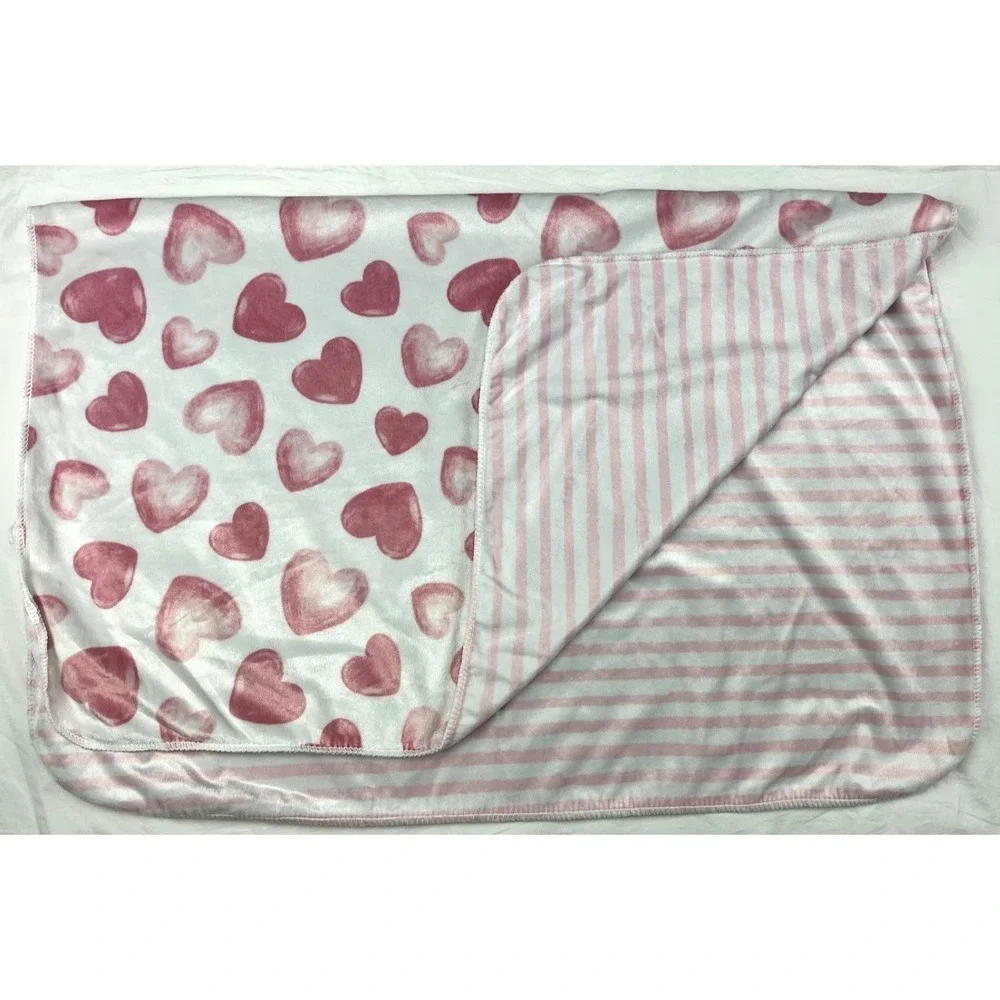 Sweet Love Heart / Stripe Baby Blanket Thin White Pink Girl 30x40 Lovey